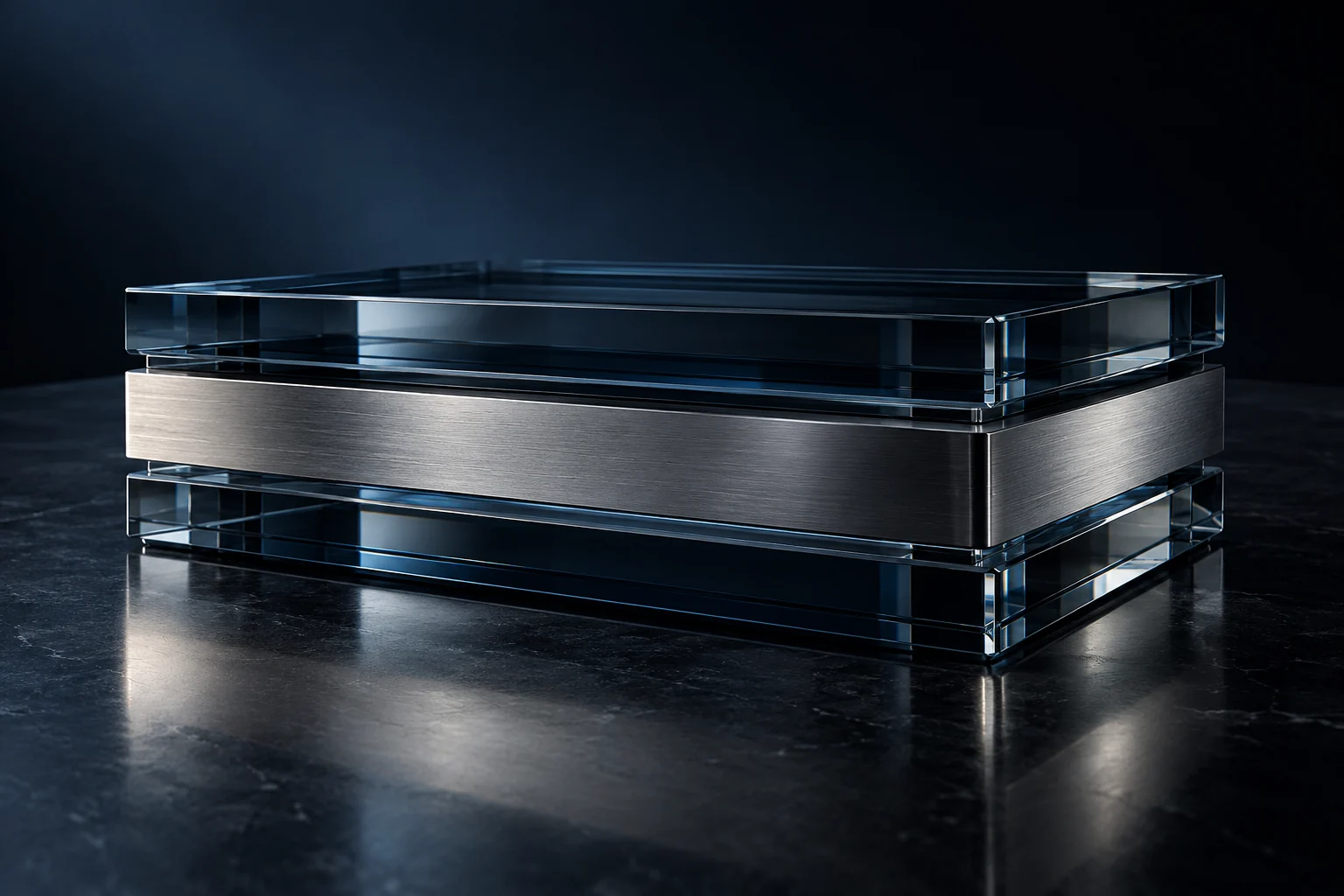 Layers of smoked glass and precision metal enclosing a protected core